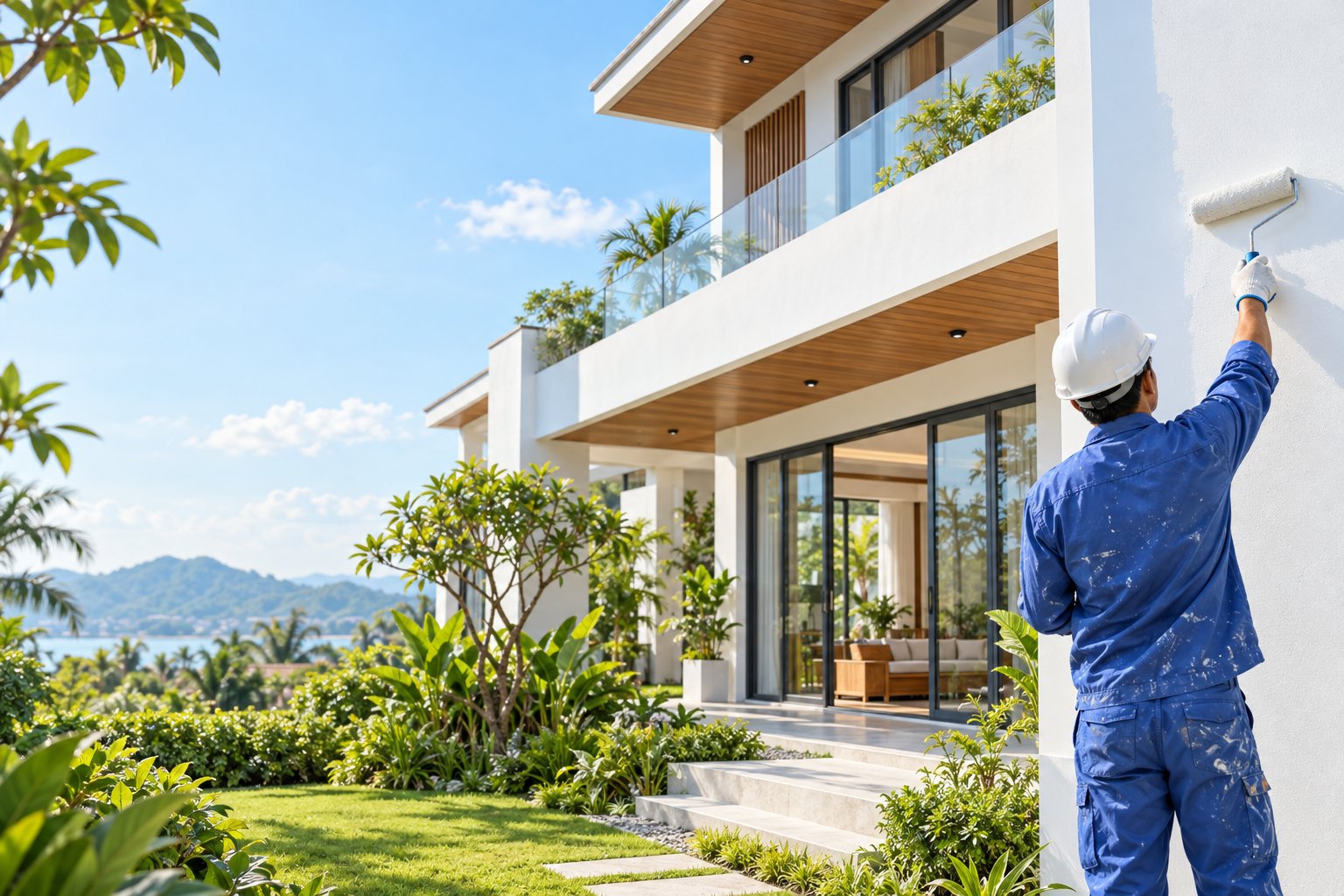 Minh họa biệt thự hiện đại và người thợ sơn